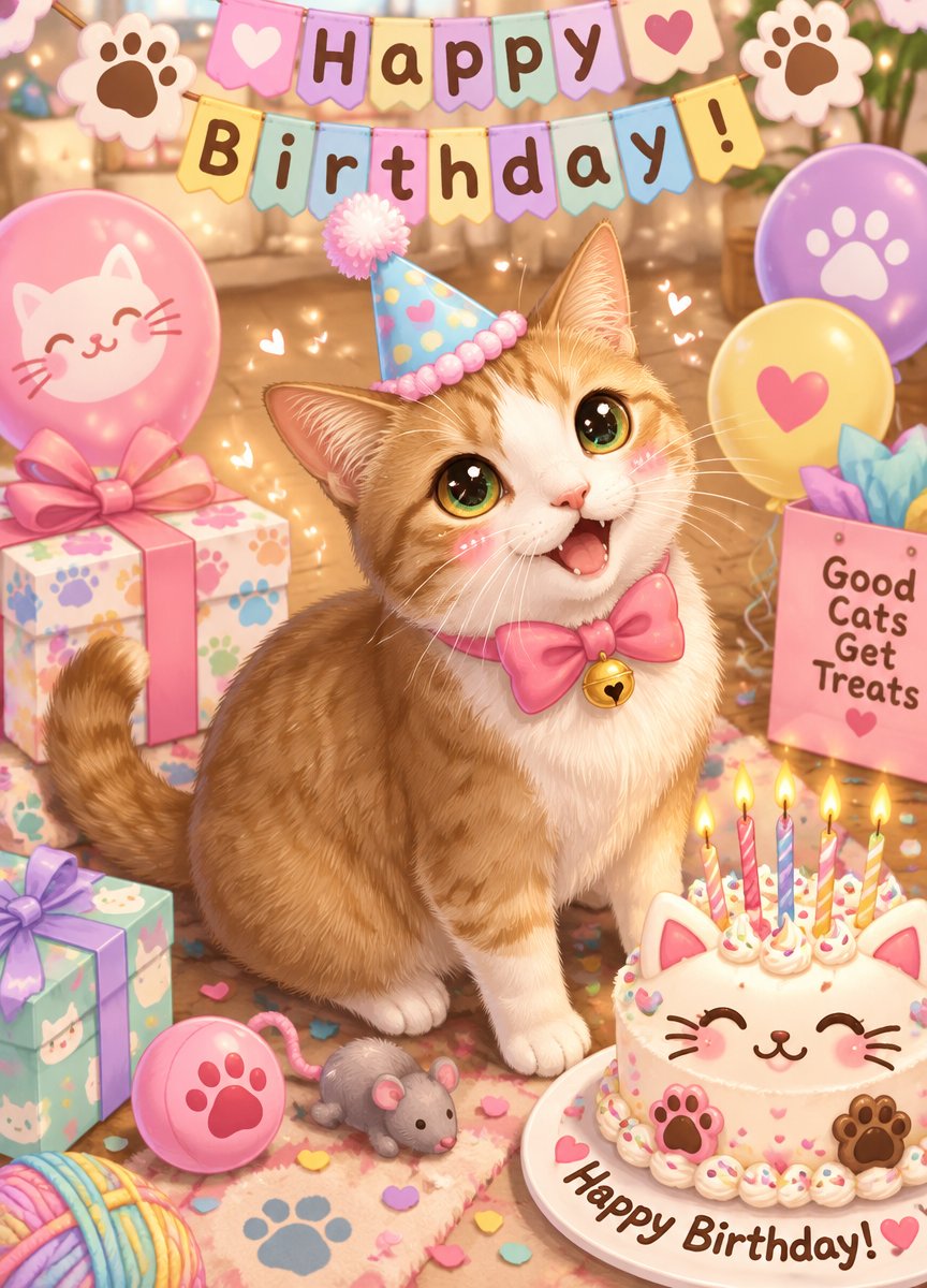 Kawaii illustrated cat beside birthday cake, presents, and colorful decorations