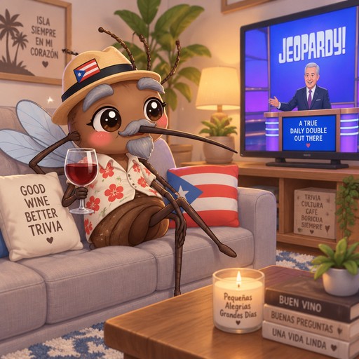Puerto Rican male mosquito with gray eyebrows, mustache and goatee and long tapered proboscus sitting on couch with glass of wine and watching jeopardy on tv