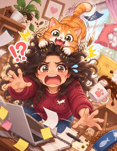 Kawaii illustration of people surrounded by books, stationery, and playful icons