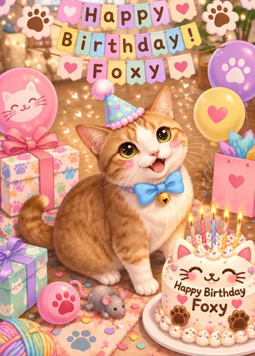 Kawaii cat wearing a party hat beside a birthday cake and colorful gifts