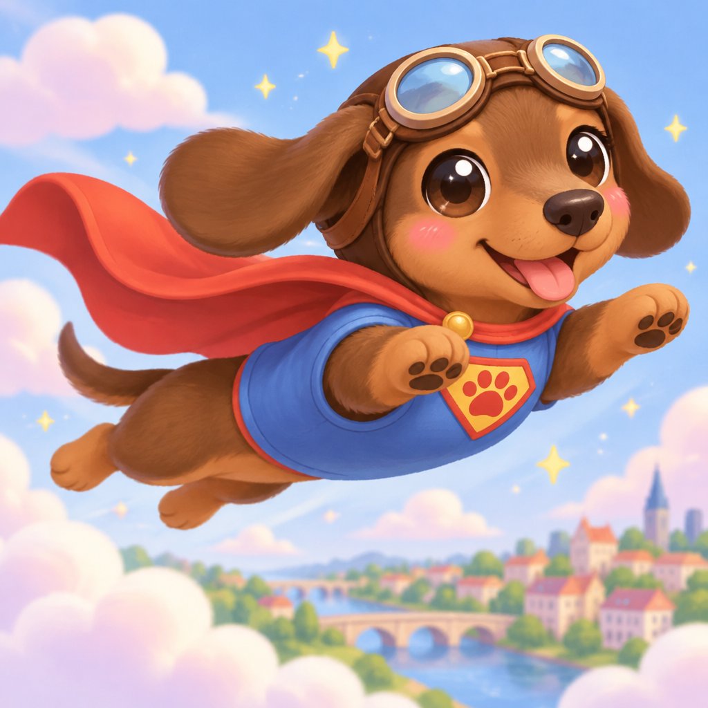 Whimsical looking brown dachshund wearing goggles, dressed like superhero and flying like Superman