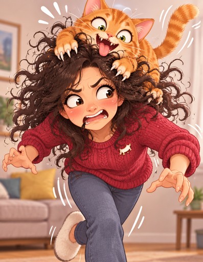 Kawaii illustration of a person running with a playful orange cat on their head.