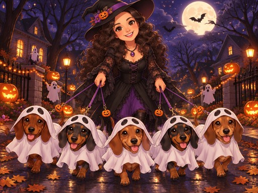 Kawaii Halloween illustration of a person walking costumed dogs beneath glowing lanterns and a moonlit sky.