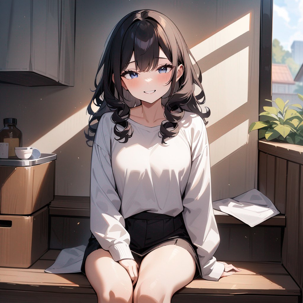a girl with long black curly hair and with a smile while wearing a white shirt while sitting