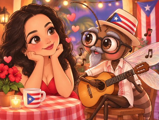 Kawaii illustration of a person and guitar-playing dog at a café table