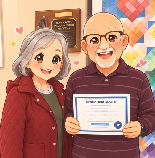 Kawaii illustration of a smiling couple holding a certificate, with warm colors and heart accents.