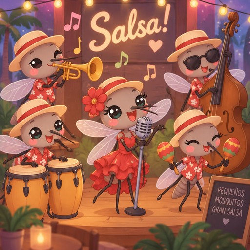 Cute mosquitos playing instruments in a salsa band