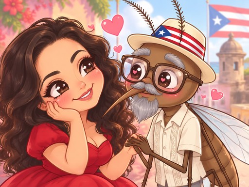Kawaii illustration of a person and a bespectacled turtle beneath Puerto Rican flags.