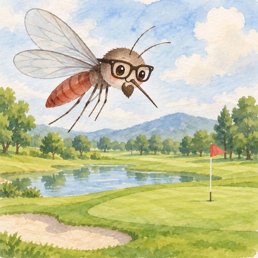 Kawaii watercolor mosquito wearing glasses flies over a golf course pond.