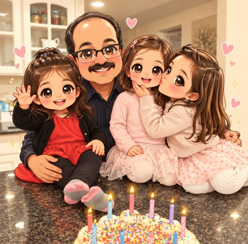 Kawaii caricature family celebrating with a colorful birthday cake in a kitchen.