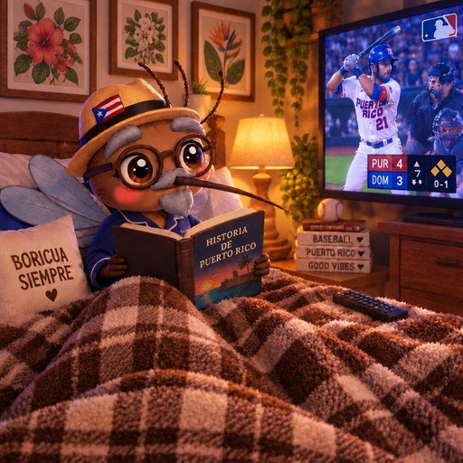 Kawaii owl reading on a couch while a baseball game plays on TV