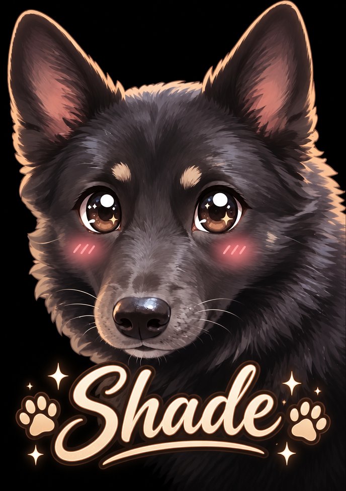 Kawaii-style black dog with rosy cheeks and paw-print lettering on dark background