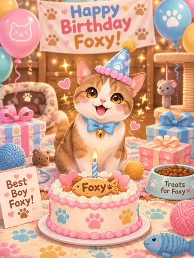 Kawaii cat beside a pink birthday cake, colorful presents, and balloons.