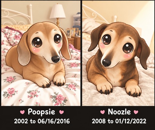 Two kawaii dachshund illustrations on floral beds, with pink hearts and date labels