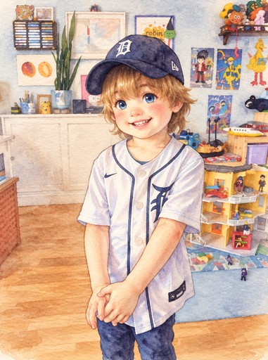 Kawaii illustration of a smiling person in a baseball cap standing in a colorful art studio.