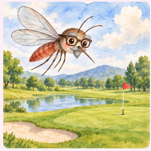 Kawaii watercolor insect wearing glasses flying over a golf course with a flag