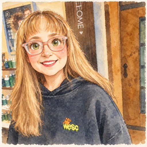 Kawaii-style watercolor portrait of a person wearing glasses and a navy sweatshirt indoors.