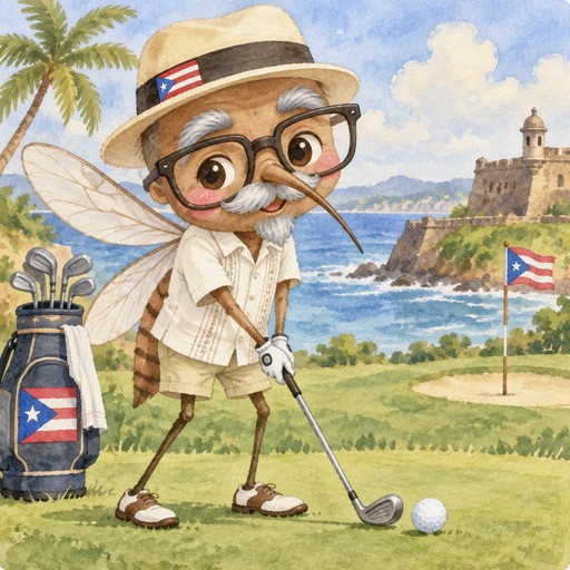 Puerto Rican male mosquito with gray eyebrows, mustache and goatee wearing thick eye glasses playing golf