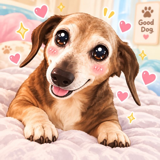 Kawaii brown dog resting on a blanket with hearts and paw prints