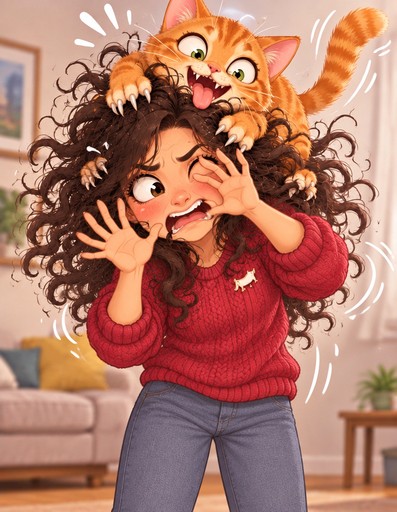 Kawaii illustration of a person with curly hair and an orange cat indoors.