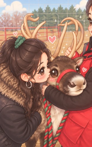 Kawaii illustration of a person carrying a small animal in a winter forest.