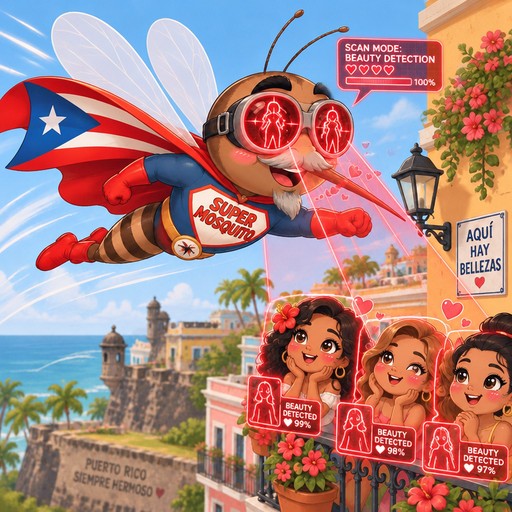 Kawaii flying superhero with goggles above a colorful seaside town and smiling people.