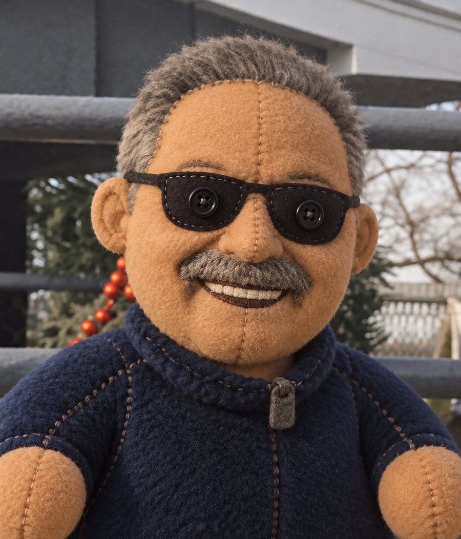 Kawaii knitted figure wearing sunglasses and a navy sweater outdoors