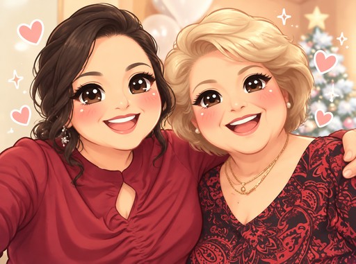 Two people smiling together in a warm-toned kawaii illustration with hearts and sparkles