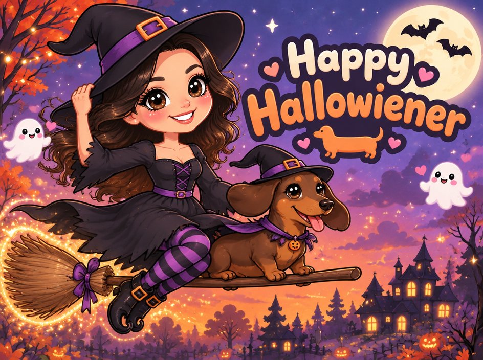 Kawaii witch riding a broomstick with a dog under a purple Halloween sky