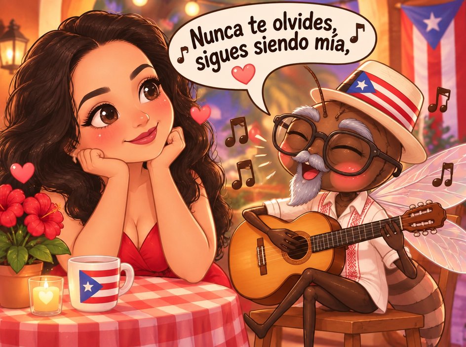 Kawaii illustration of a person playing guitar beside a smiling person at a café table.