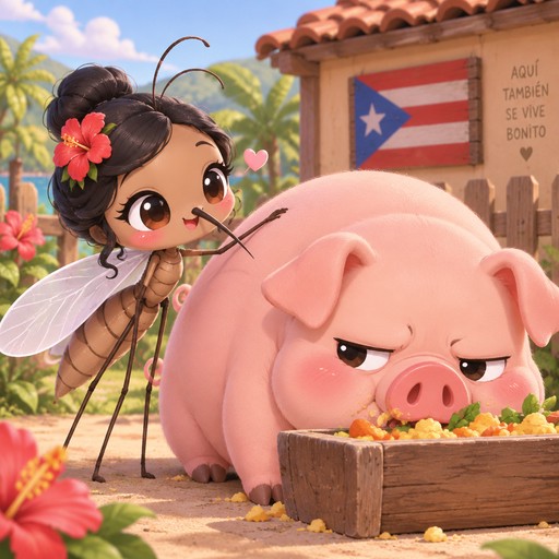 Create image of Puerto Rican mosquito with black hair petting a large pig who is eating and looks annoyed