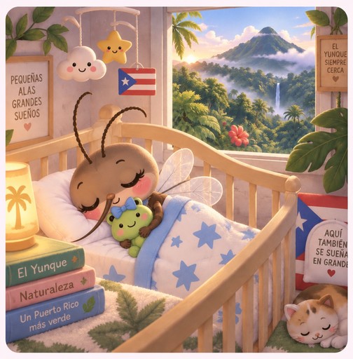 Kawaii illustration of a sleeping animal in a crib, with tropical plants and mountain scenery.