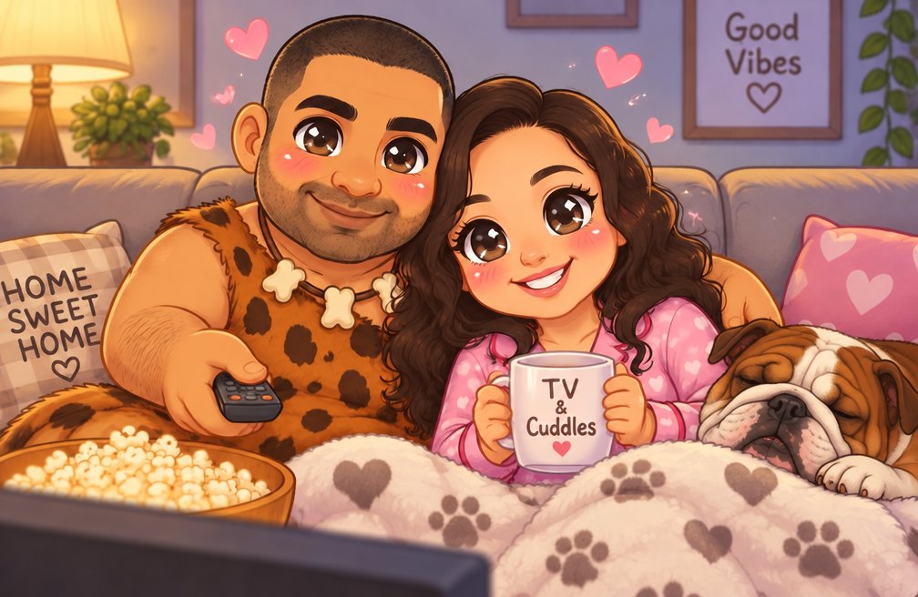 Kawaii couple watching TV under a paw-print blanket with popcorn and a sleeping dog.