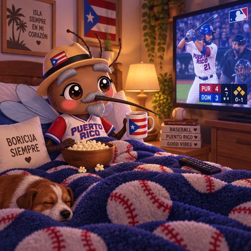 Kawaii bear watches a baseball game in a cozy room with blankets and flags.