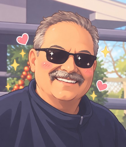Kawaii-style illustration of a person wearing starry sunglasses, smiling beside a decorated tree.