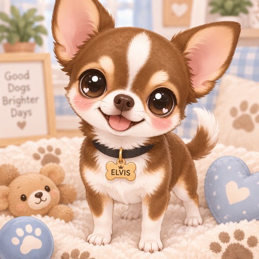 Brown and white male Chihuahua named Elvis