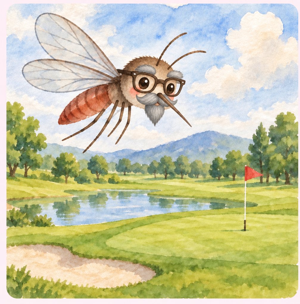 Watercolor cartoon bee wearing glasses flies over a golf course with a flag.