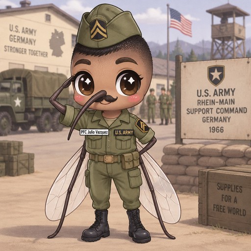 Puerto Rican mosquito with black buzz cut hair, matching army hat, small black mustache, black eye brows in u.s. military uniform at u.s. military base in Germany circa 1966 with name tag that says PFC Julio Vazquez