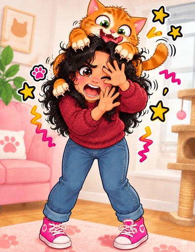 Kawaii cartoon person holding a playful orange cat in a pastel room with stars and flowers.