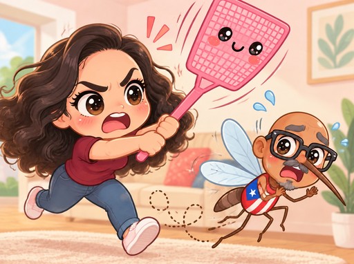 Kawaii cartoon person swatting a tiny flying dog with a pink fly swatter
