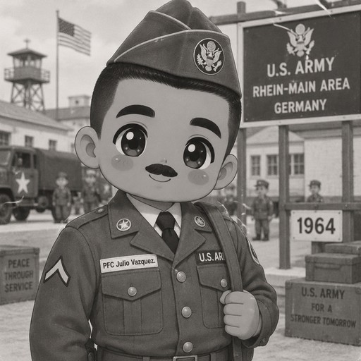 Black and white photo of Puerto Rican mosquito with black buzz cut hair, matching army hat, small black mustache, black eye brows in u.s. military uniform at u.s. military base in Germany circa 1964 with name tag that says PFC Julio Vazquez.