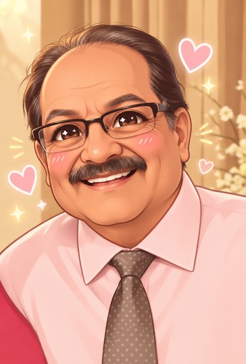 Kawaii-style illustration of a smiling person in glasses and a pink shirt, with hearts and sparkles.