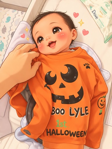 Kawaii illustration of a smiling baby in an orange pumpkin Halloween shirt.