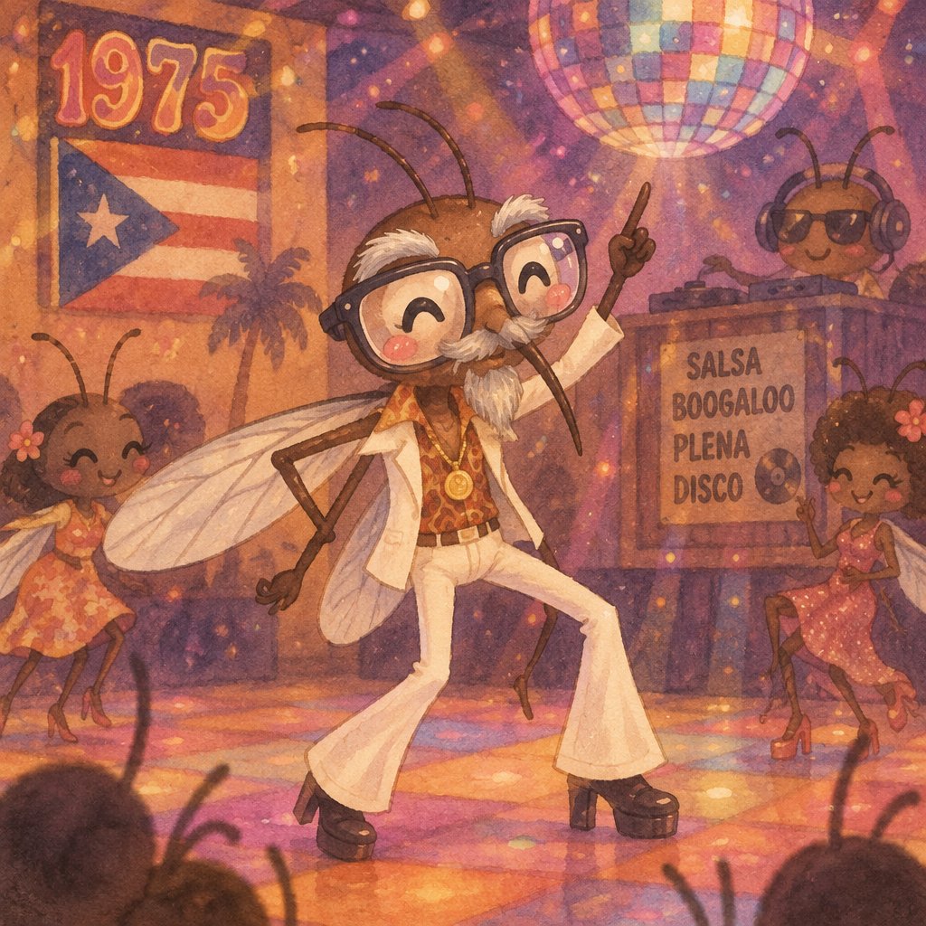 Create image of Puerto Rican mosquito with gray goatee, gray eyebrows and small gray mustache wearing thick lens eyeglasses disco dancing at a club in 1975