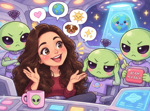 Kawaii illustration of a smiling person with green aliens in a colorful spaceship.