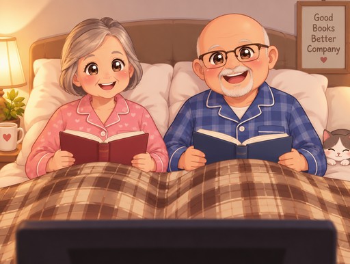 Kawaii illustration of two people reading books under a plaid blanket in warm light.