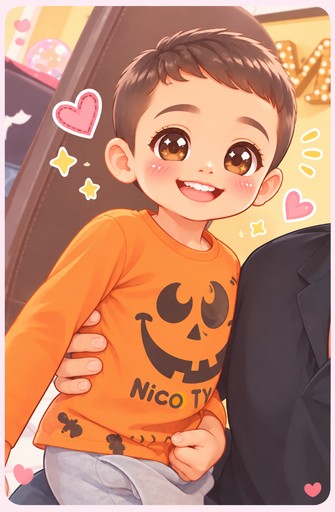 Kawaii illustration of a smiling person in an orange pumpkin shirt, surrounded by hearts and stars.