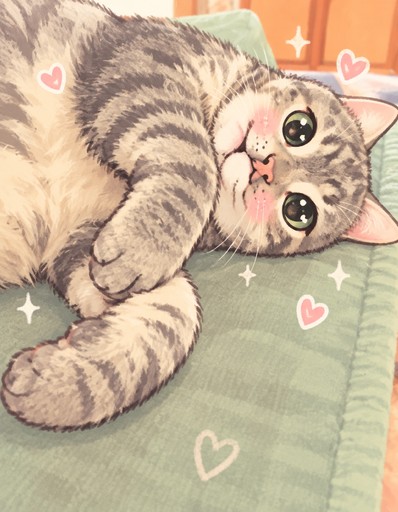 Kawaii watercolor cat lounging on a sage green cushion with floating hearts and sparkles