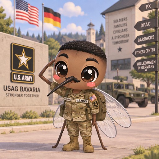 Kawaii illustrated person in military uniform holding a tiny flag at a U.S. Army base.