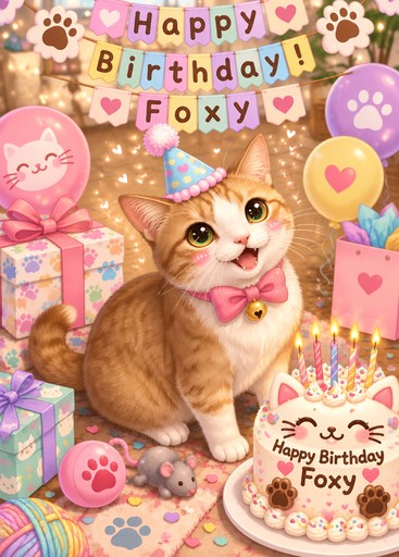 Kawaii birthday illustration of a cat with gifts, balloons, and a decorated cake.